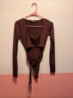 Missguided Brown Long-Sleeve Ruched Bodysuit